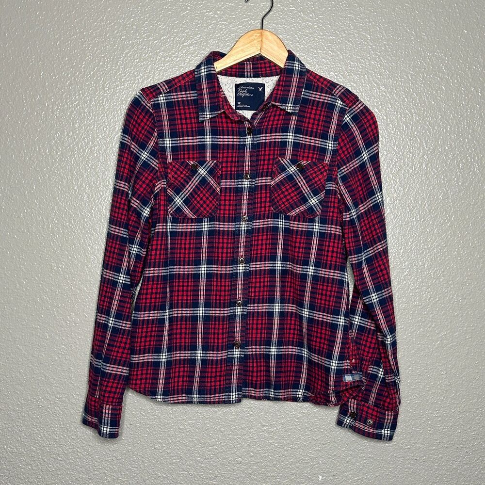 American Eagle Womens Flannel Red White Blue 12 Button Up